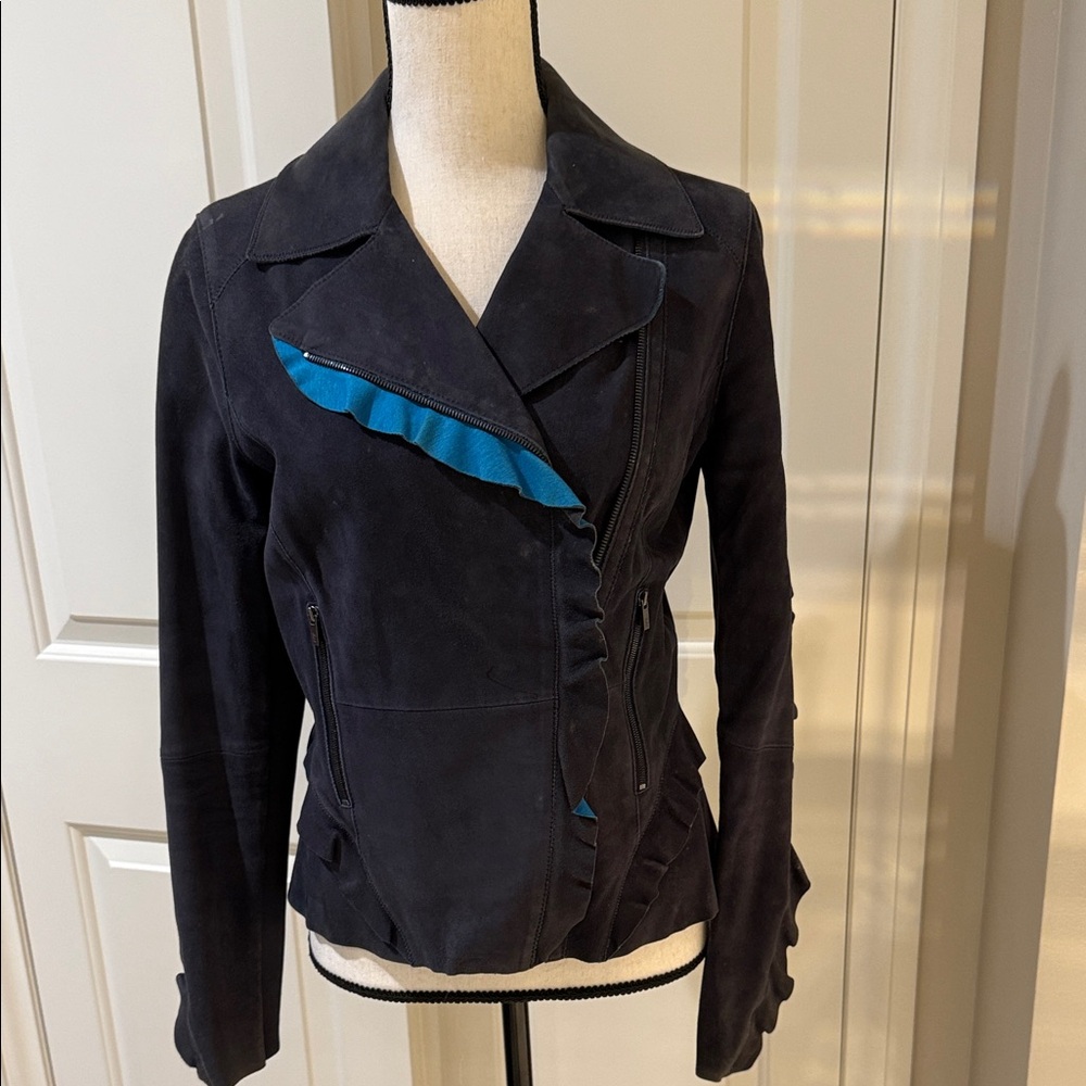 ZAC Zac Posen Black Leather Jacket with Blue Trim